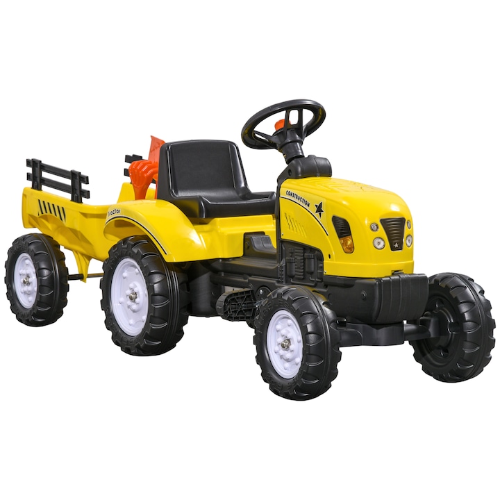 Homcom gyerek traktor pedállal, utánfutóval, lapáttal és gereblyével, sárga és fekete, 133x42x51cm