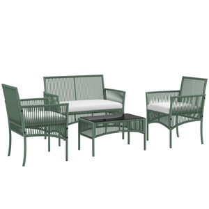 Set mobilier gradina 4 piese, Outsunny, metal si rattan PE, verde inchis