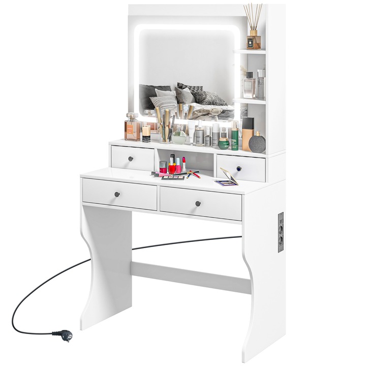 Masa de toaleta HOMCOM cu lumini LED in 3 tonuri si oglinda, 4 sertare si rafturi, 90x45x160cm, alb