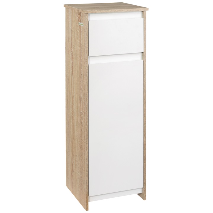 Dulap de baie Kleankin, cu sertar si dulap cu polita interioara reglabila, MDF, 32,6x30x90 cm, culoare alb si lemn