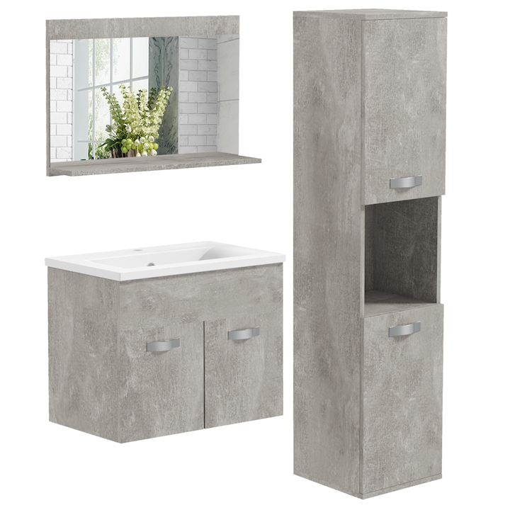 Set mobilier baie Kleankin 4 piese cu chiuveta ceramica de 60 cm, dulap baie, coloana baie si oglinda din lemn, gri