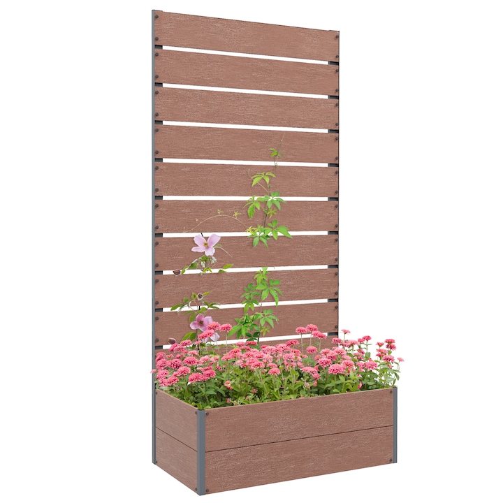 Jardiniera de exterior Outsunny, cu spalier cu lamele, 72x38x150cm, maro deschis