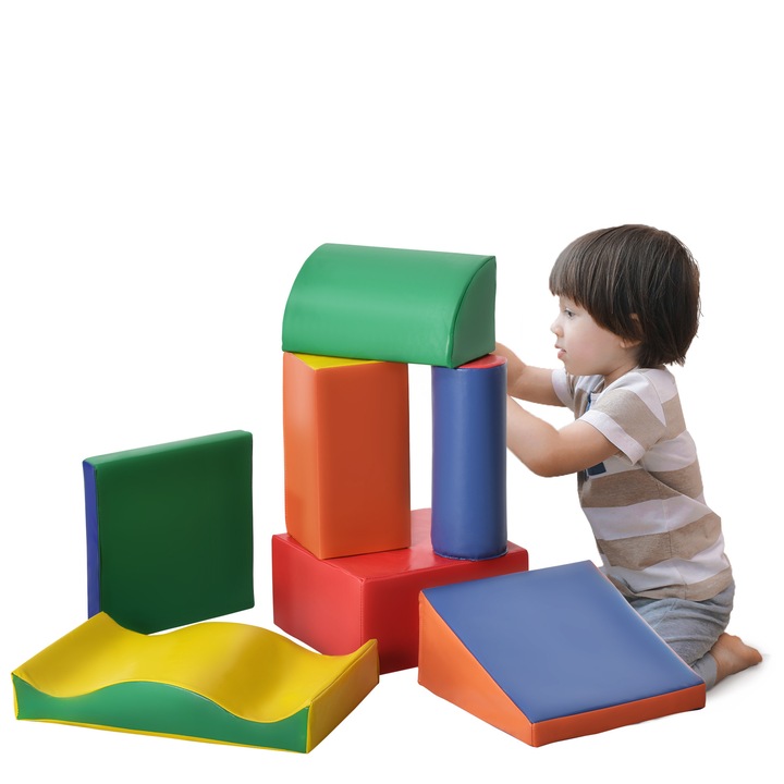 jucarie educativa pentru copii, HOMCOM, Set de 7 blocuri de constructie moi,1-3 ani, multicolor