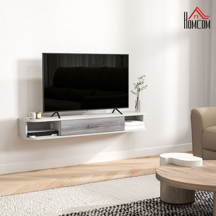 Comoda TV suspendata HOMCOM cu 2 rafturi deschise, lemn, 120x26x16 cm, alb si gri
