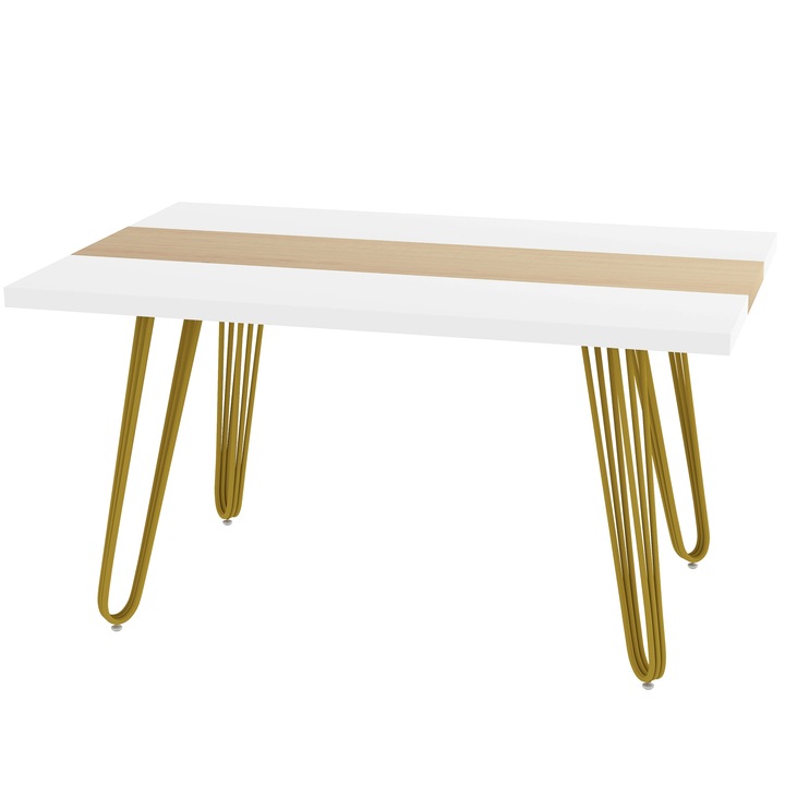 HOMCOM Кухненска и холна маса за до 6 души, MDF и стомана, 140x89x75.5 см, бял и златен дъб
