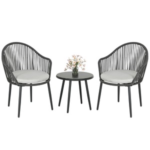 Set de lounge de gradina din 3 piese Outsunny din ratan, cu perne si masuta de cafea din sticla, gri