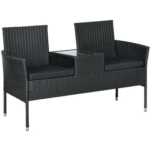 Banca de gradina cu 2 locuri si masa de cafea centrala, Outsunny, rattan PE, otel si poliester, 137x59x82 cm, negru