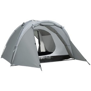 Cort de camping, Outsunny, pentru 2 persoane, cort cupola extensibil cu 4 usi si 3 ferestre, 350x220x145cm, gri