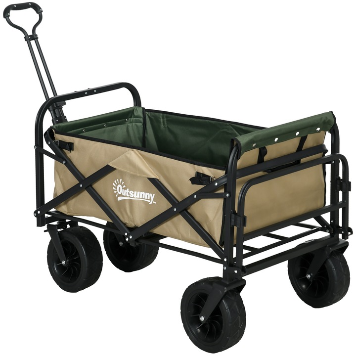 Carucior de gradina Outsunny 110L cu maner telescopic si fund cu deschidere, otel si tesatura Oxford, kaki