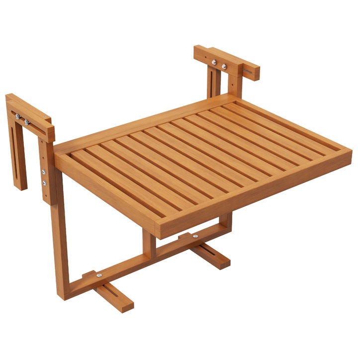Masa de balcon pliabila Outsunny, balustrada din lemn reglabila, culoarea teak