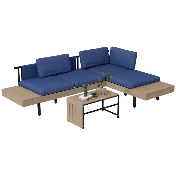 Set mobilier gradina, 3 piese, divan unghiular si masuta de cafea, cuscini detasabili, albastru, dimensiuni divan 149x63x58cm, dimensiuni masuta 64x34.5x35cm
