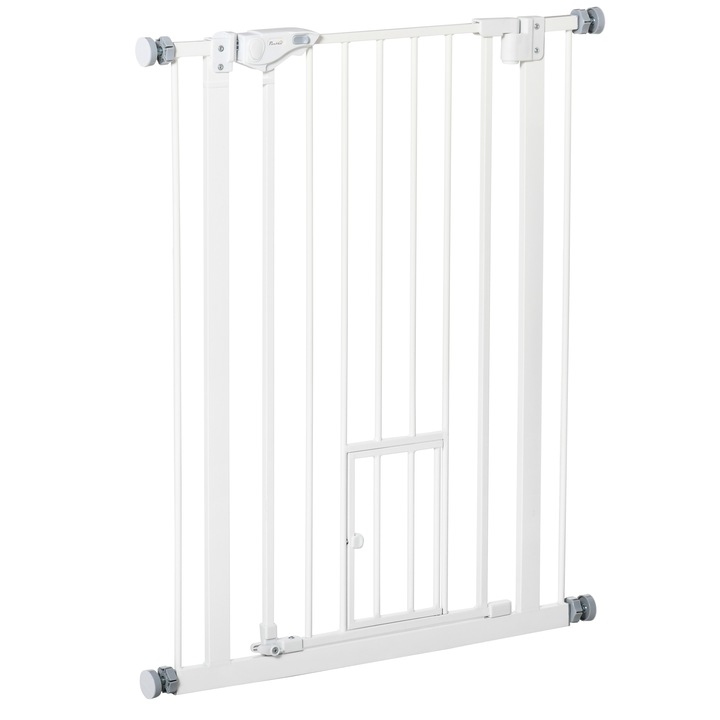 Poarta reglabila pentru caini PawHut cu usa mica si suport de presiune, 74-80x91,4 cm, alb