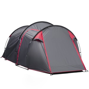 Cort de camping, Outsunny, 2 persoane, cu vestibul mare, prelata impermeabila, usi cu fermoar, 426x206x154cm, Gri