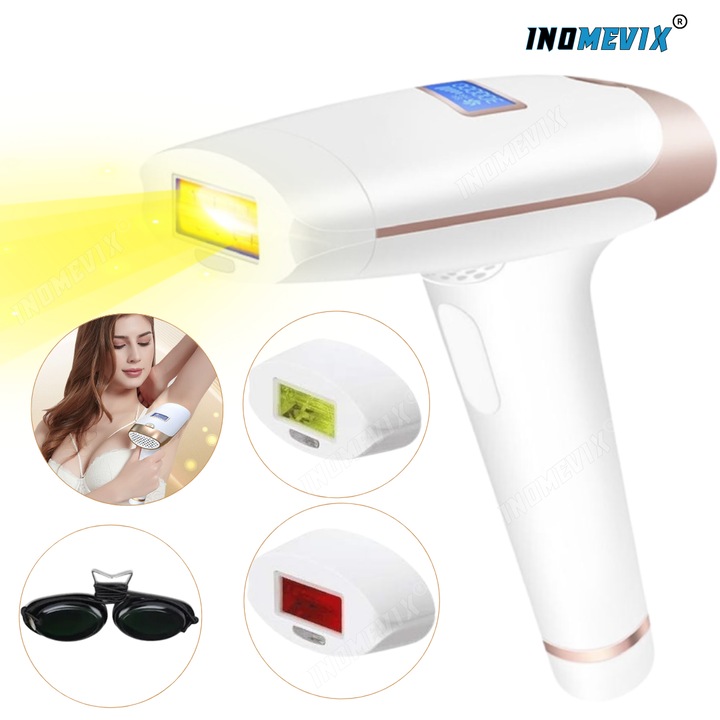 INOMEVIX® IPL епилатор, 1M импулси, Трайно обезкосмяване, 2 режима на използване (ръчен и автоматичен), За жени и мъже, Грижа за кожата/акне, 5 нива на интензитет, Предпазни очила, Сензор за тон на кожата, Кварцова светлинна тръба