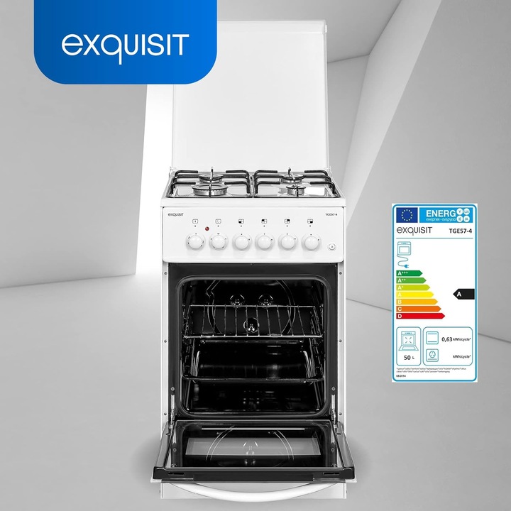 Готварска печка с електрическа фурна Exquisite, H 87,5 см, обем 51 литра, 4 газови котлона, ниска консумация, температурен диапазон 50-240°C, вътрешно осветление, ел. запалване, отделение за готварски съдове, бял