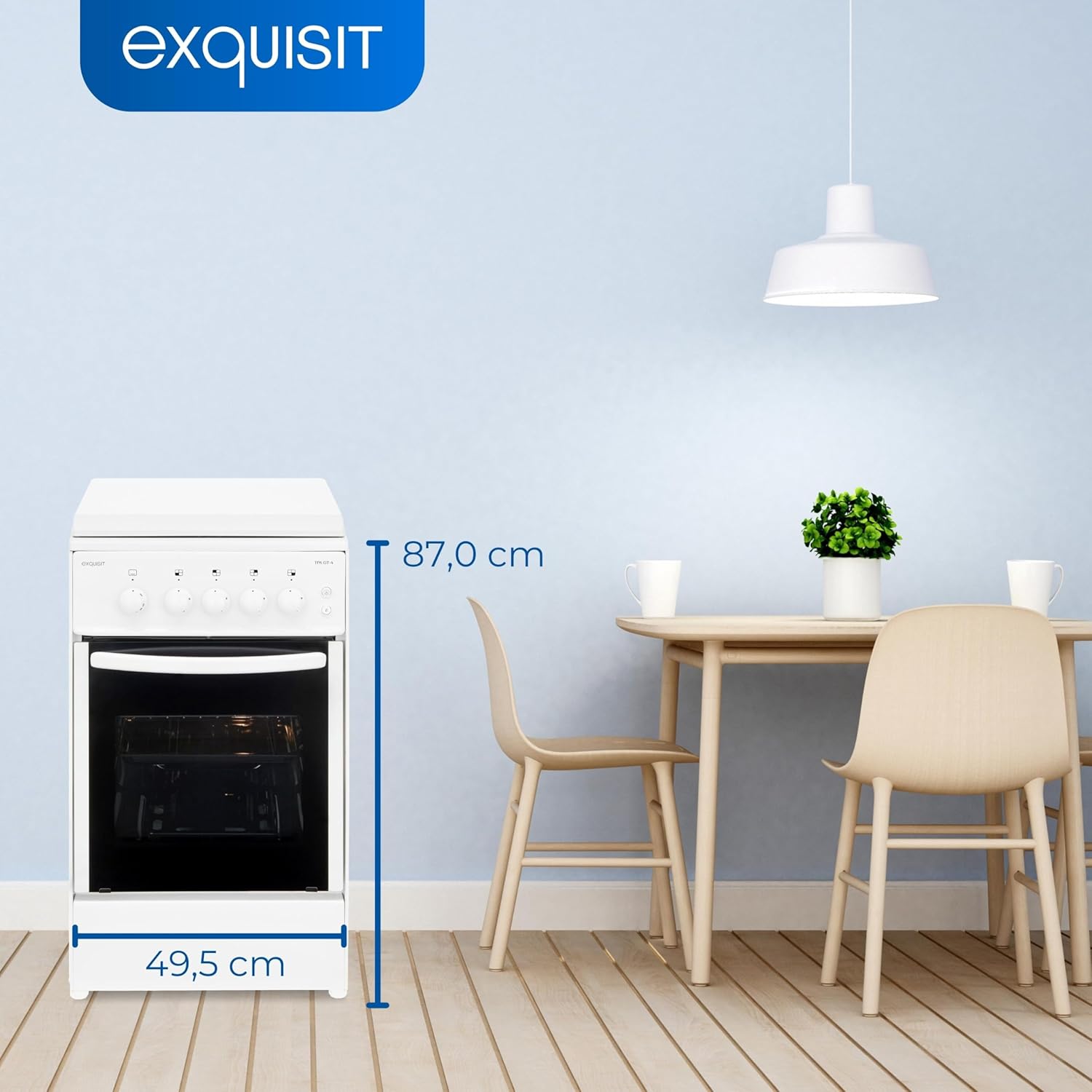 Aragaz Exquisit, H 85 cm, volum 49 litri, 4 arzatoare pe gaz, consum redus, interval temperatura 145-230°C, interior iluminat, aprindere electrica, usa cu geam dublu, comutatoare rotative, alb