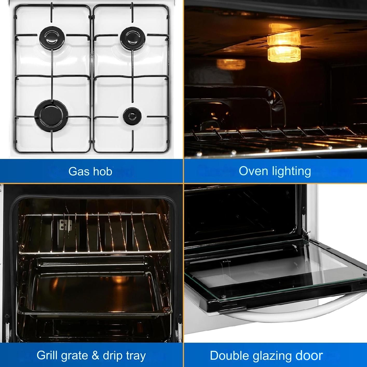 Aragaz Exquisit, H 85 cm, volum 49 litri, 4 arzatoare pe gaz, consum redus, interval temperatura 145-230°C, interior iluminat, aprindere electrica, usa cu geam dublu, comutatoare rotative, alb
