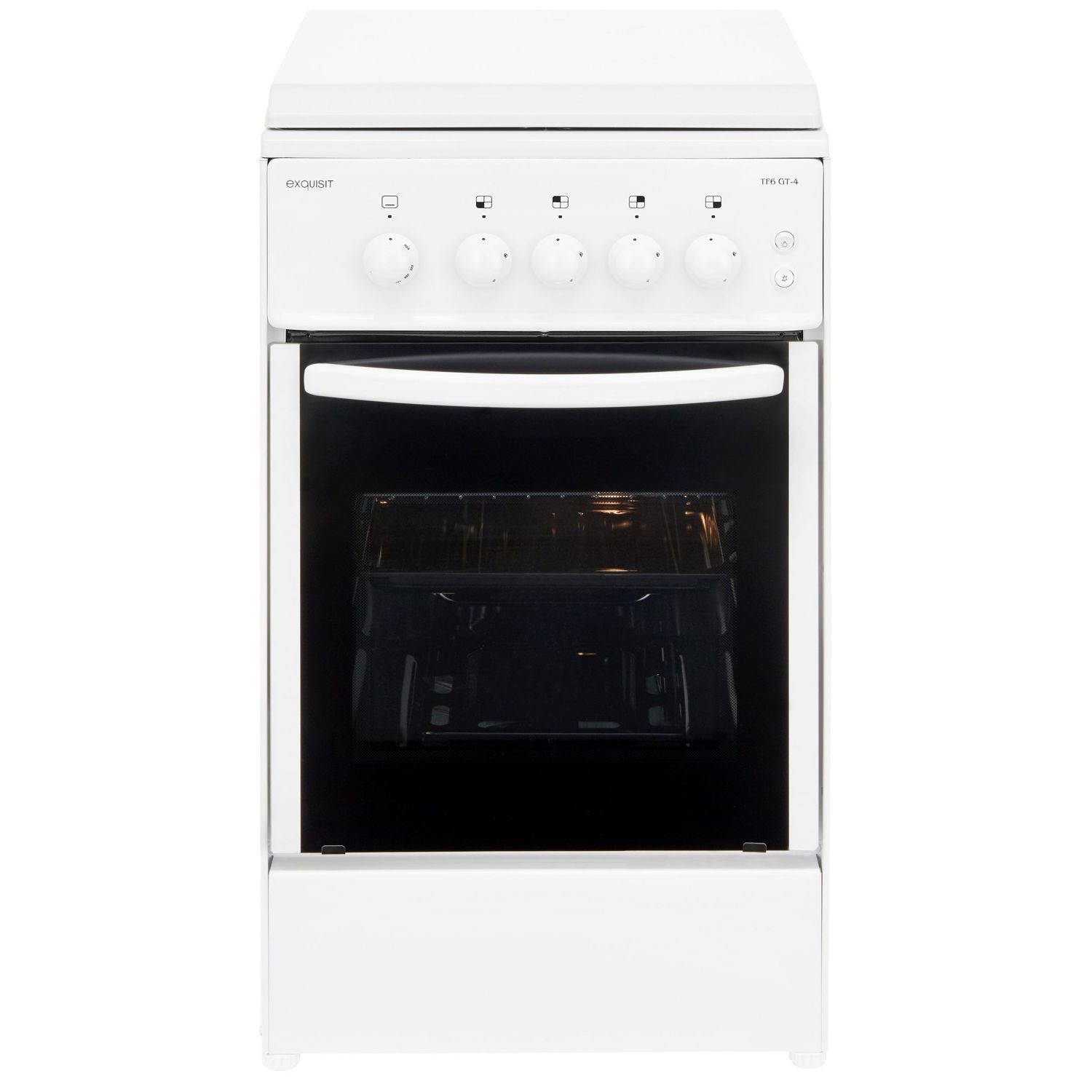 Aragaz Exquisit, H 85 cm, volum 49 litri, 4 arzatoare pe gaz, consum redus, interval temperatura 145-230°C, interior iluminat, aprindere electrica, usa cu geam dublu, comutatoare rotative, alb