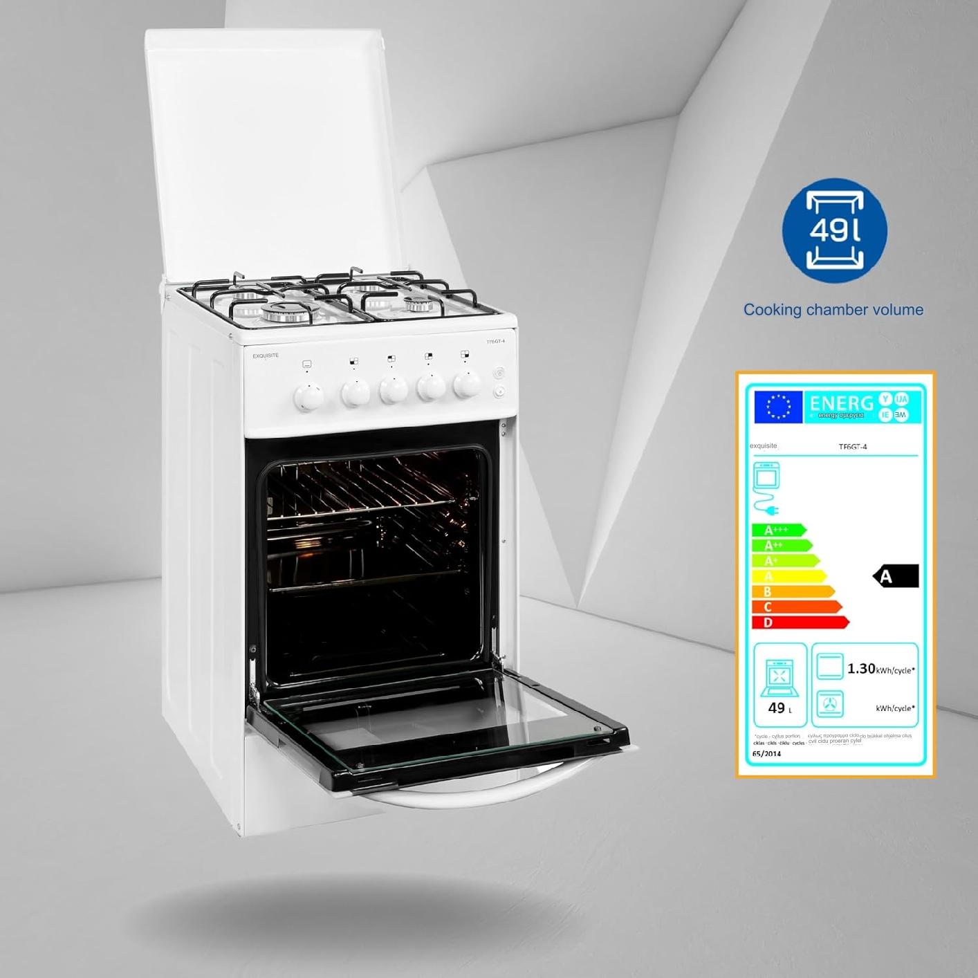 Aragaz Exquisit, H 85 cm, volum 49 litri, 4 arzatoare pe gaz, consum redus, interval temperatura 145-230°C, interior iluminat, aprindere electrica, usa cu geam dublu, comutatoare rotative, alb
