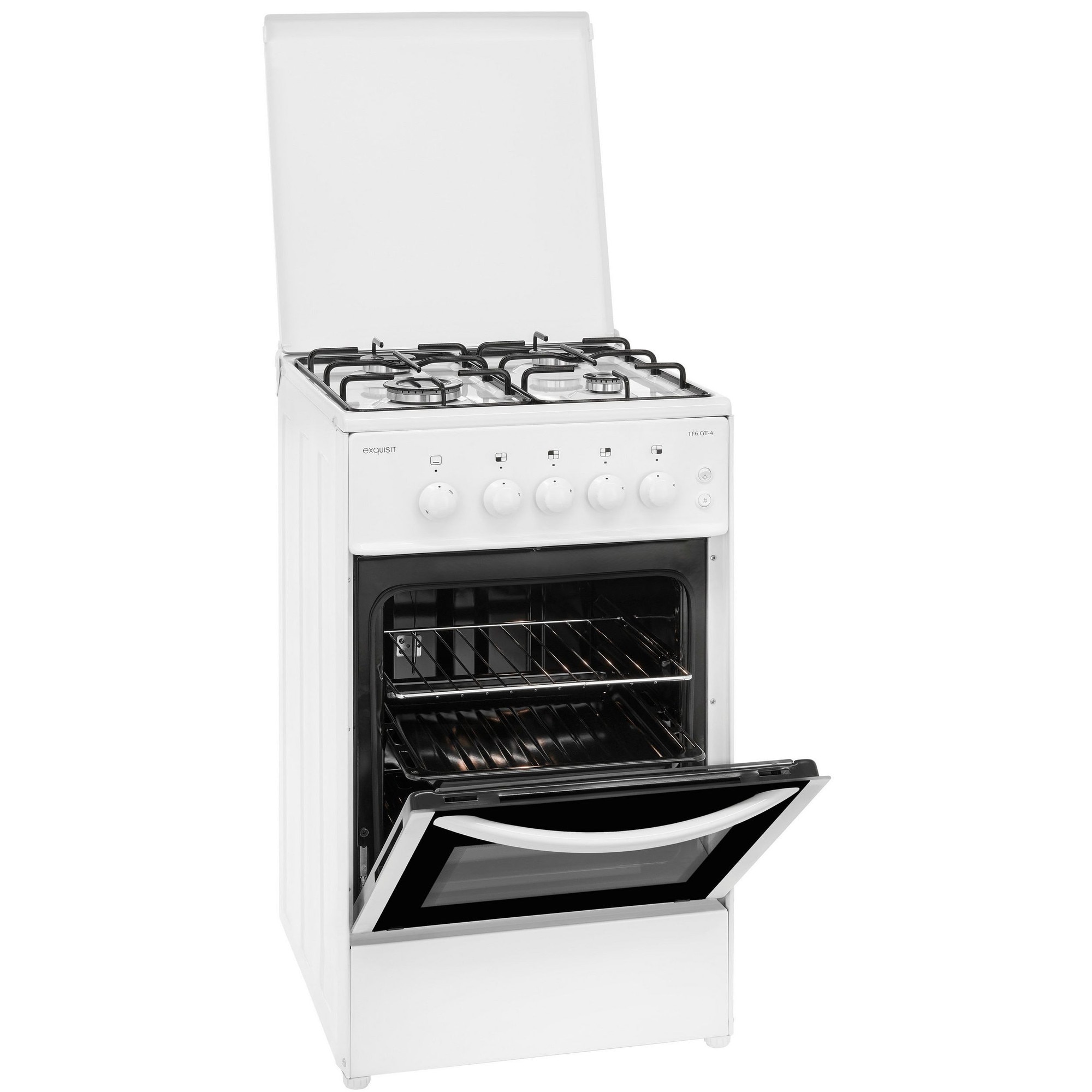 Aragaz Exquisit, H 85 cm, volum 49 litri, 4 arzatoare pe gaz, consum redus, interval temperatura 145-230°C, interior iluminat, aprindere electrica, usa cu geam dublu, comutatoare rotative, alb