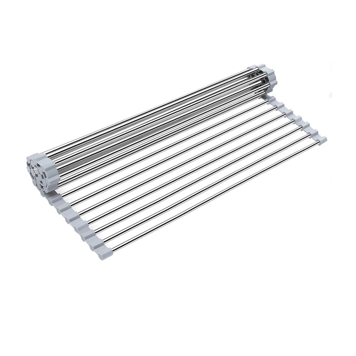 Suport multifunctional pliabil Roll-Up Studio Casa, Din otel inoxidabil pentru uscat vase de bucatarie, legume, Antiderapant pentru oale fierbinti sau vase de copt pe blat, 43 cm x 33 cm