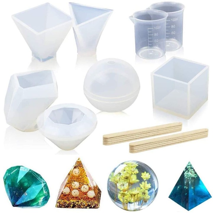 Set de 8 forme din silicon pentru turnare rasina, BGHYHYHI, forme sferica, cubica, piramida, diamant, colorat