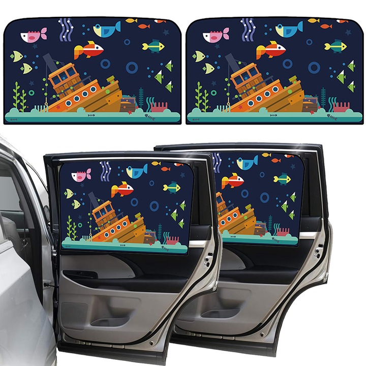 Set 2 parasolare magnetice pentru geamurile laterale ale masinii, multicolor, imprimeu desene, 49x79cm