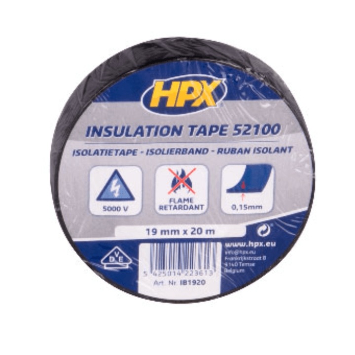 Banda adeziva izolatoare HPX, 19mmx20m, rezistenta la temperatura, negru