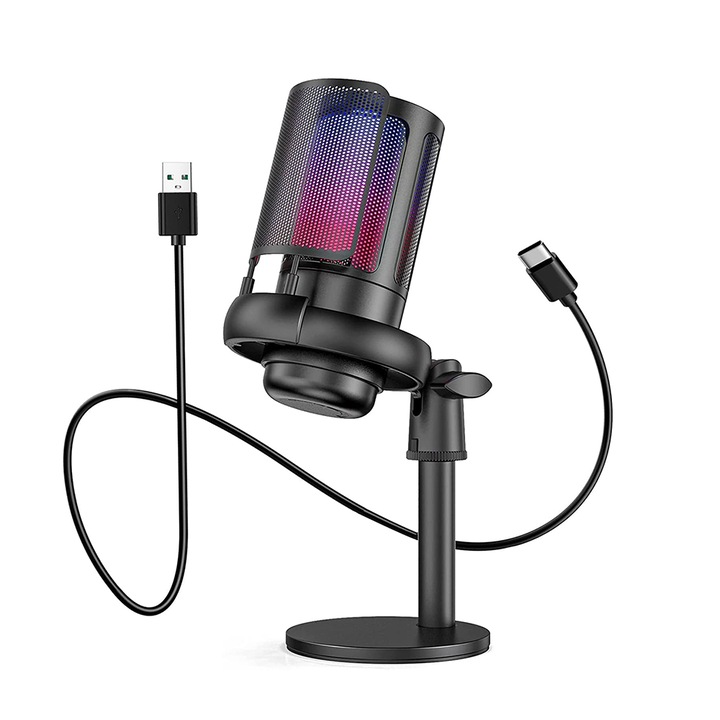 Microfon PC condensator RGB, competitie gaming, cablat, karaoke live, echipament emisiuni