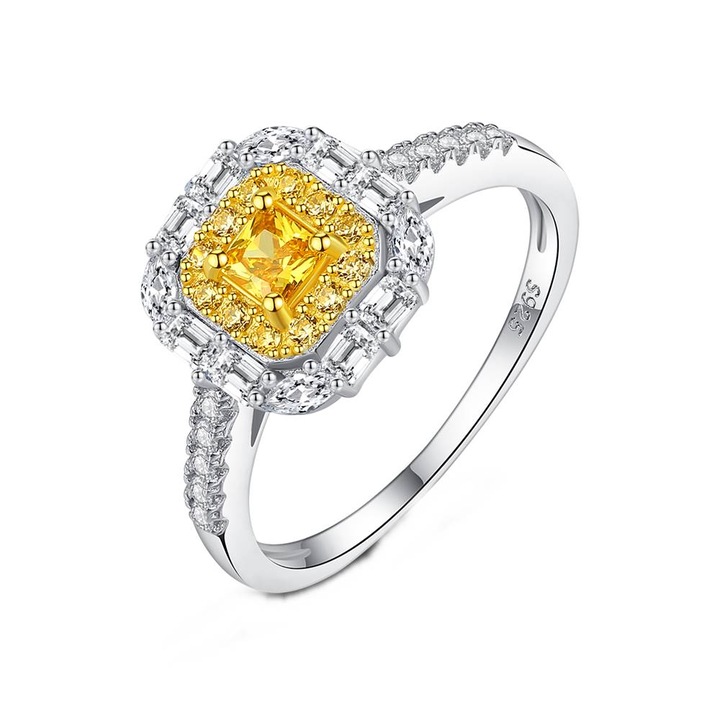 Inel din Argint cu Citrin si Cristale Zirconiu, Joyful Citrine, Marimea 6