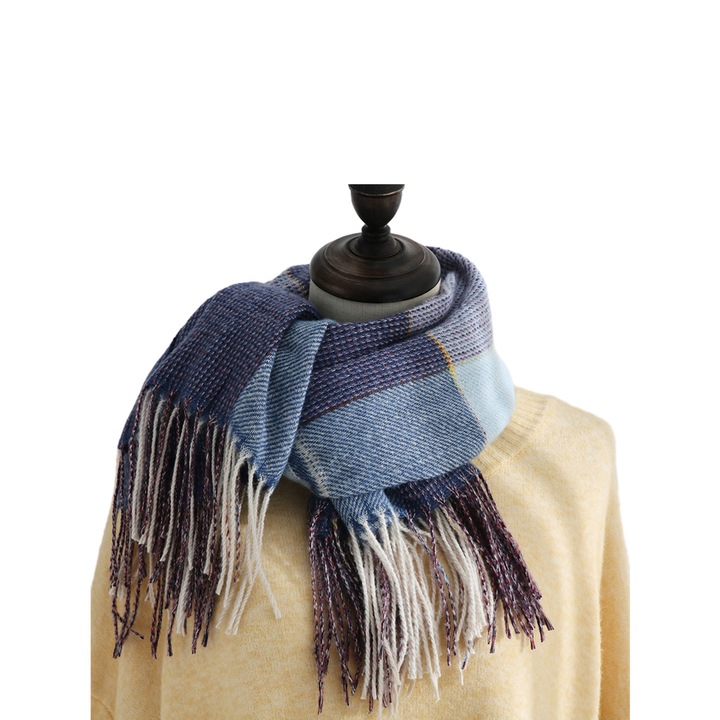 Esarfa dama AMRINUGL tartan mare, calduroasa, albastru inchis/pink, 105x105cm, 200g