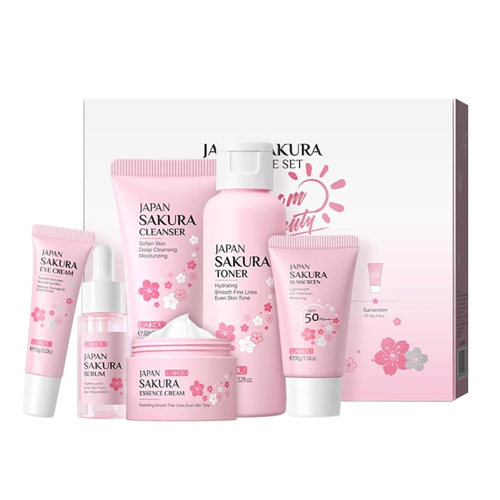 Комплект за грижа за лицето, LAKOU, Japan Sakura Blossom Beauty, Почистващо средство 50 g, Тоник 100 ml, Серум 17 ml, Околоочен крем 15 g, Слънцезащитен крем 30 g, Крем за лице 25 g