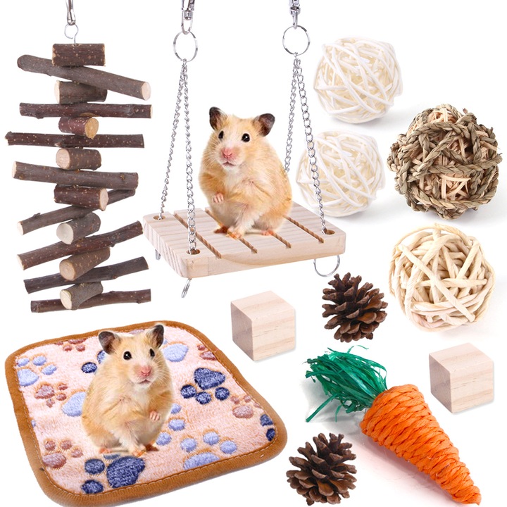 Set 9 jucarii pentru hamsteri, QttvbTna, Lemn, Multicolor