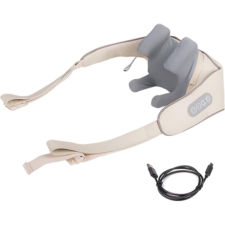 Aparat de Masaj Profesional Cervical pentru Umeri, Gat, Spate si Picioare, Functie de Incalzire, Fara Fir, Multiple Moduri de Masaj, Relaxarea Articulatiilor Rigide si a Muschilor, cu Centura, Bej