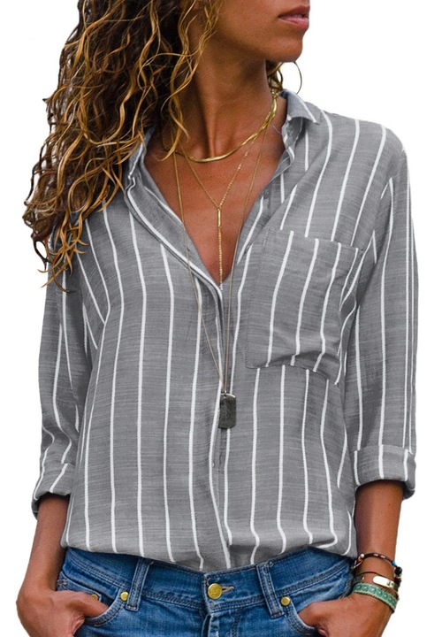 Női hétköznapi ing, Jormftte, V-nyakú, hosszú ujjú, szürke, poliészter és elasztán