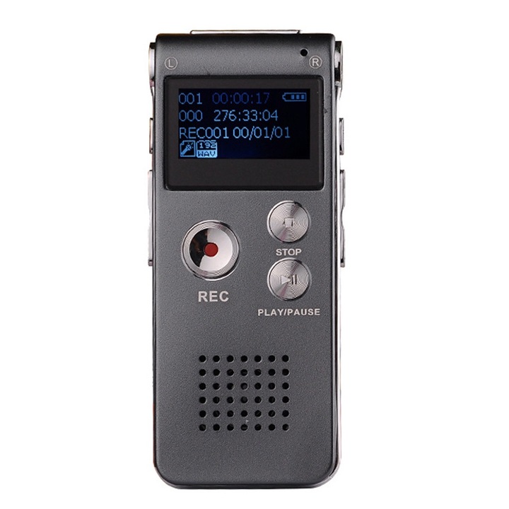 Цифров рекордер AMRINUGL, 8GB, черен, сив металик, размери 85x36x14mm, с MP3 възпроизвеждане