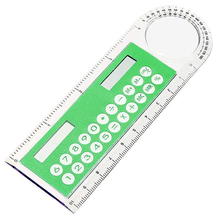 Rigla cu calculator solar si lupa Herusi, roz-verde, 13x4.4x0.36cm