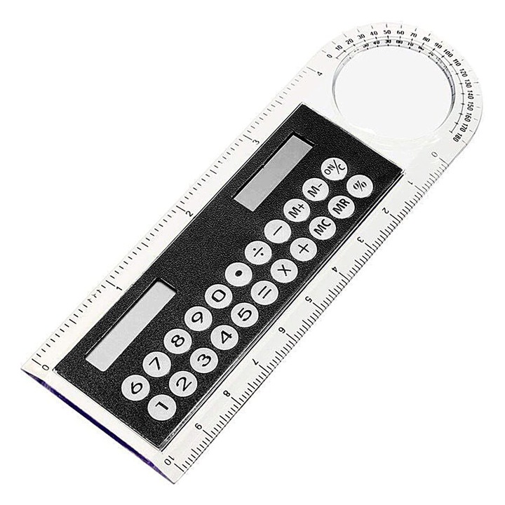 Rigla cu calculator solar si lupa Herusi, roz-negru, 13x4.4x0.36cm