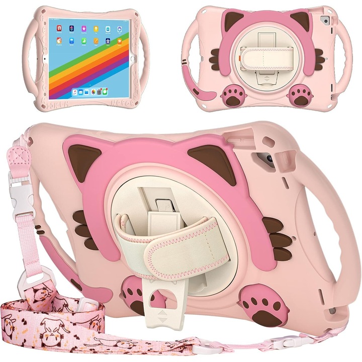 Калъф за таблет, AMRINUGL, Съвместим с iPad 10.2 7th 8th Generation, въртяща се стойка, розов