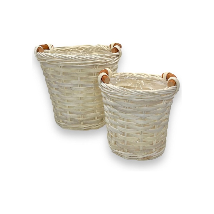 Set 2 ghivece decorative, din ratan natural, pentru plante aromatice, plante decorative, Interior/Exterior, Alb