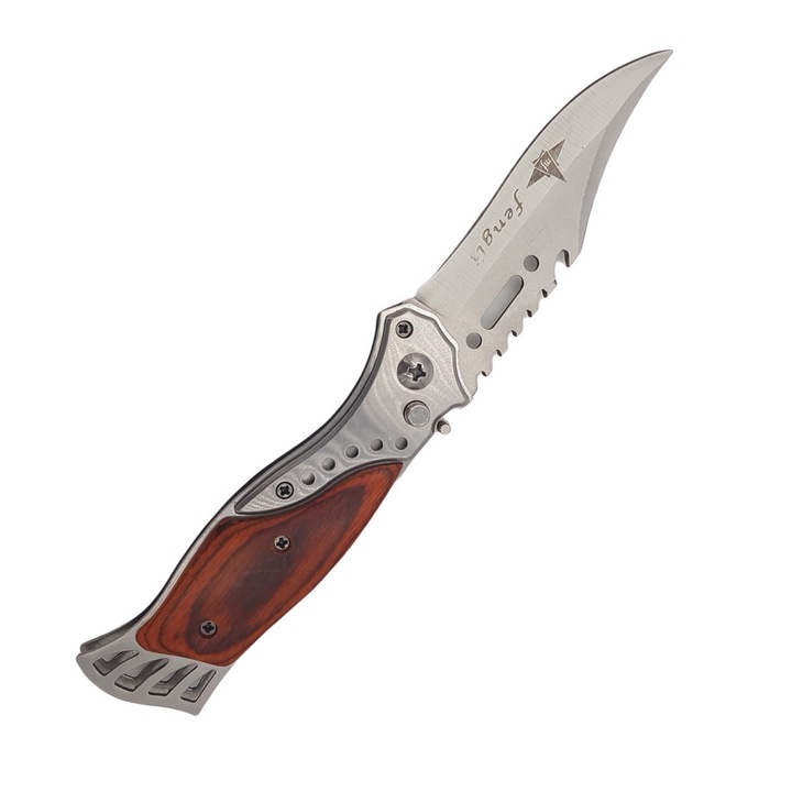 Briceag automat cu buton, lama din otel, 21 cm, lemn, husa negru, dalimag