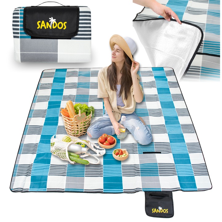 Patura de picnic, SANDOS, Fleece / Folie aluminiu, 200 x 200 cm, Alb / Albastru