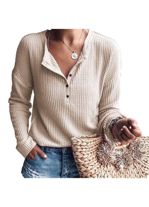 Bluza cu nasturi dama, AMRINUGL, Poliester, Bej, M INTL