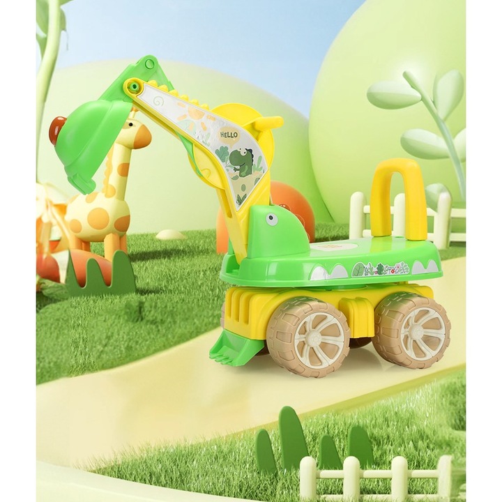 Produs premium - Excavator destinat Copii, Southern Sky, 1-3 Ani, Greutate Portanta 30 kg, Muzica si Lumini, Rotatie 360 Grade, 45 x 31 x 35 cm, 4 Roti, Verde