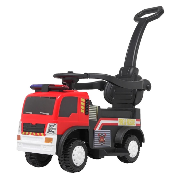 Masinuta Electrica Camion Cu Maner 3 in 1 FireTruck 30W 6V Scaun Tapitat Music Player K