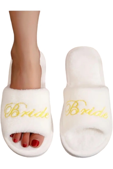 Papuci mireasa, din plus, brodati cu textul "Bride" cu fir auriu, Alb, One Size