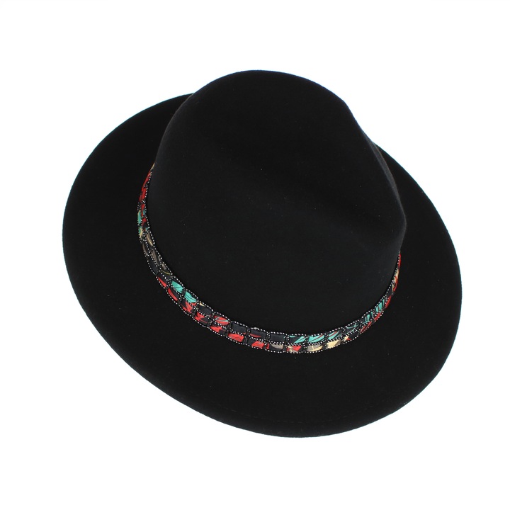 Palarie din fetru, Dama, Negru, cu banda textila decorativa, reglabila, Anoul, Negru