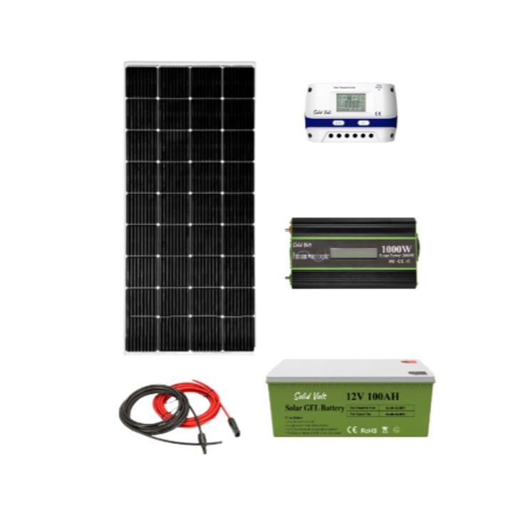 Kit solar fotovoltaic off grid Solid Volt, invertor 1000W/2000W 12V, panou solar 100W, regulator/ controller 30A, baterie solara cu gel 105Ah si 20 m cablu solar cabana, rulota, casa, autorulota, container, iluminat