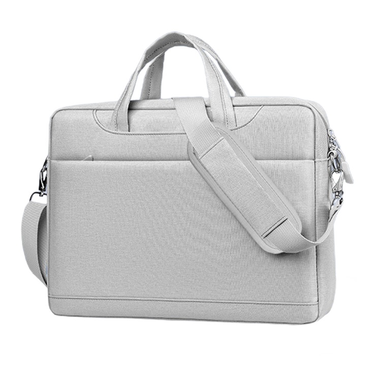 Geanta laptop Herusi multifunctionala, poliester, rezistenta la apa, gri-negru-albastru-roz, 37x27x7 cm