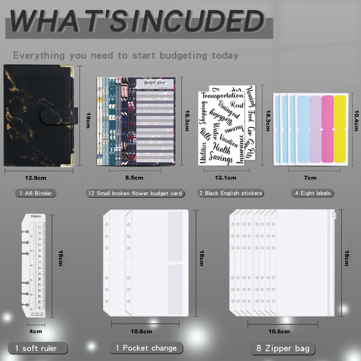 Agenda organizator pentru bani, QttvbTna, piele ecologica, accesorii incluse, 19x13cm, negru/auriu